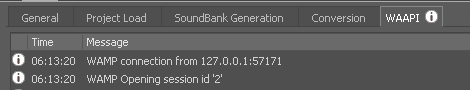 In the WAAPI tab in Logs, we can see that a WAMP connection has been built.